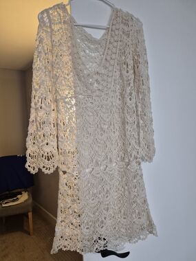 Crochet Lace V-Neck Bathing Suit Cover Up Dress in Cream